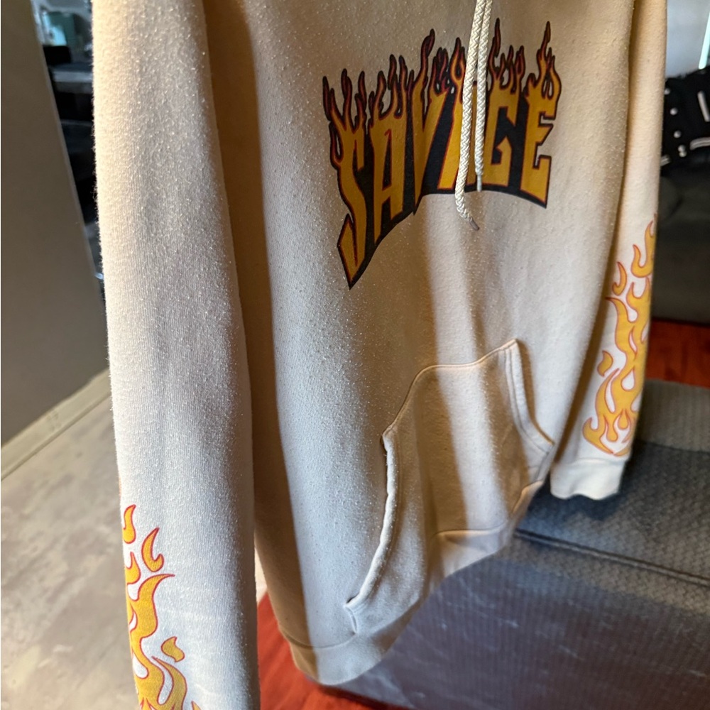 Savage Beige Hoodie with Flame Design